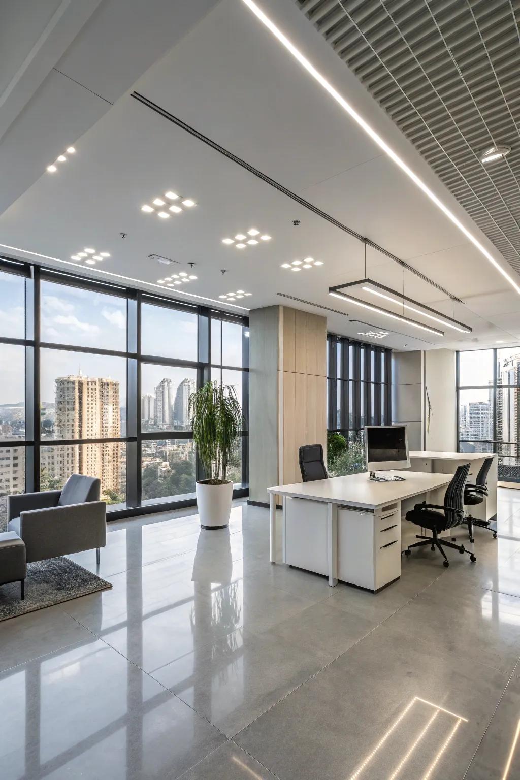 Modern office with bright LED vaulted lighting