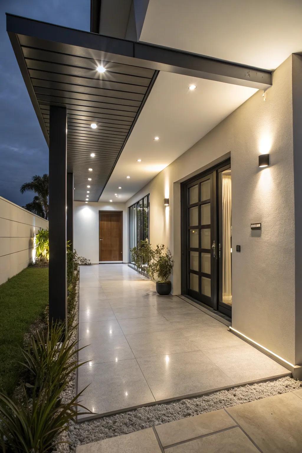 Entryway with industrial LED awning lights