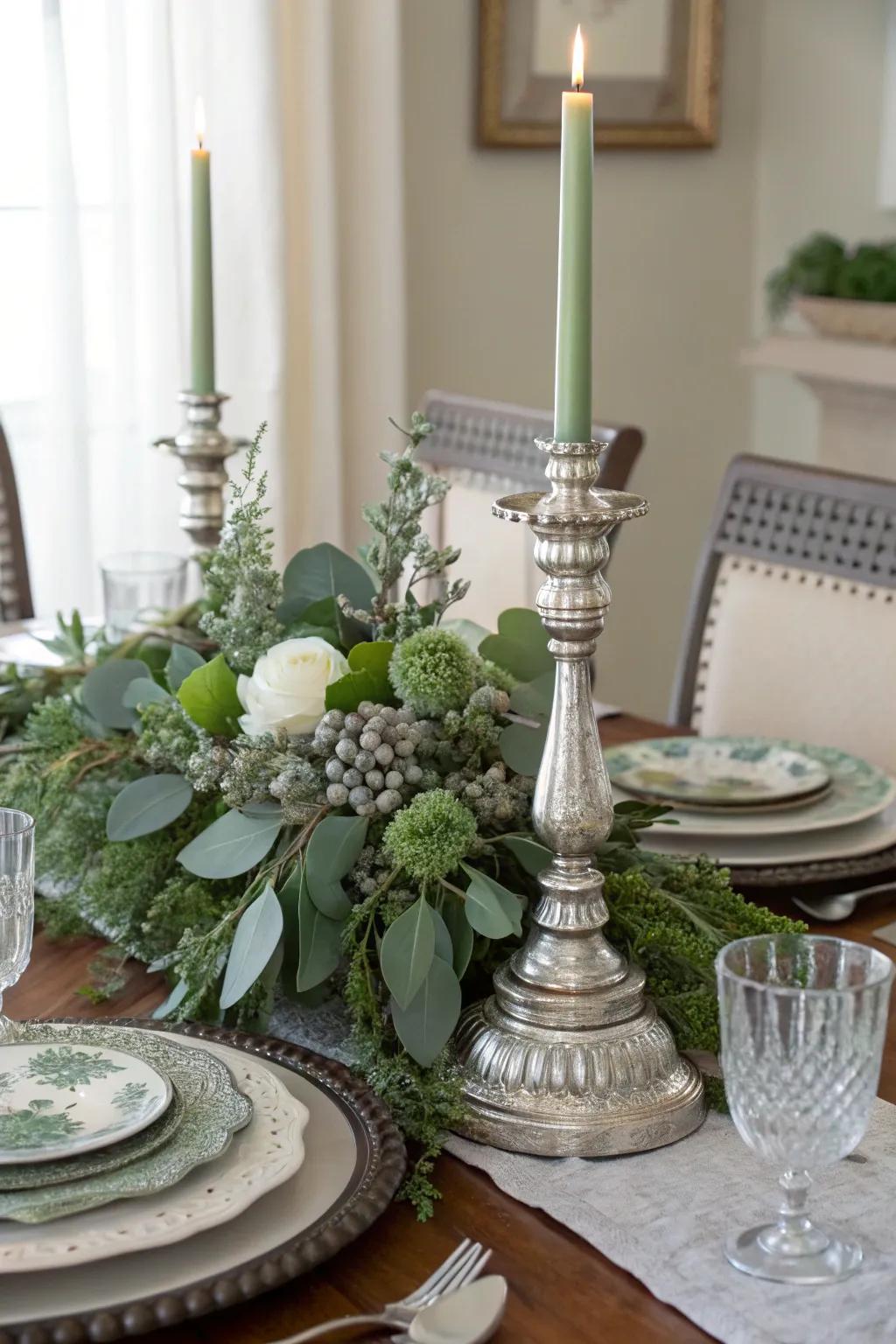 Sleek silver details paired with sage green for a chic centerpiece.