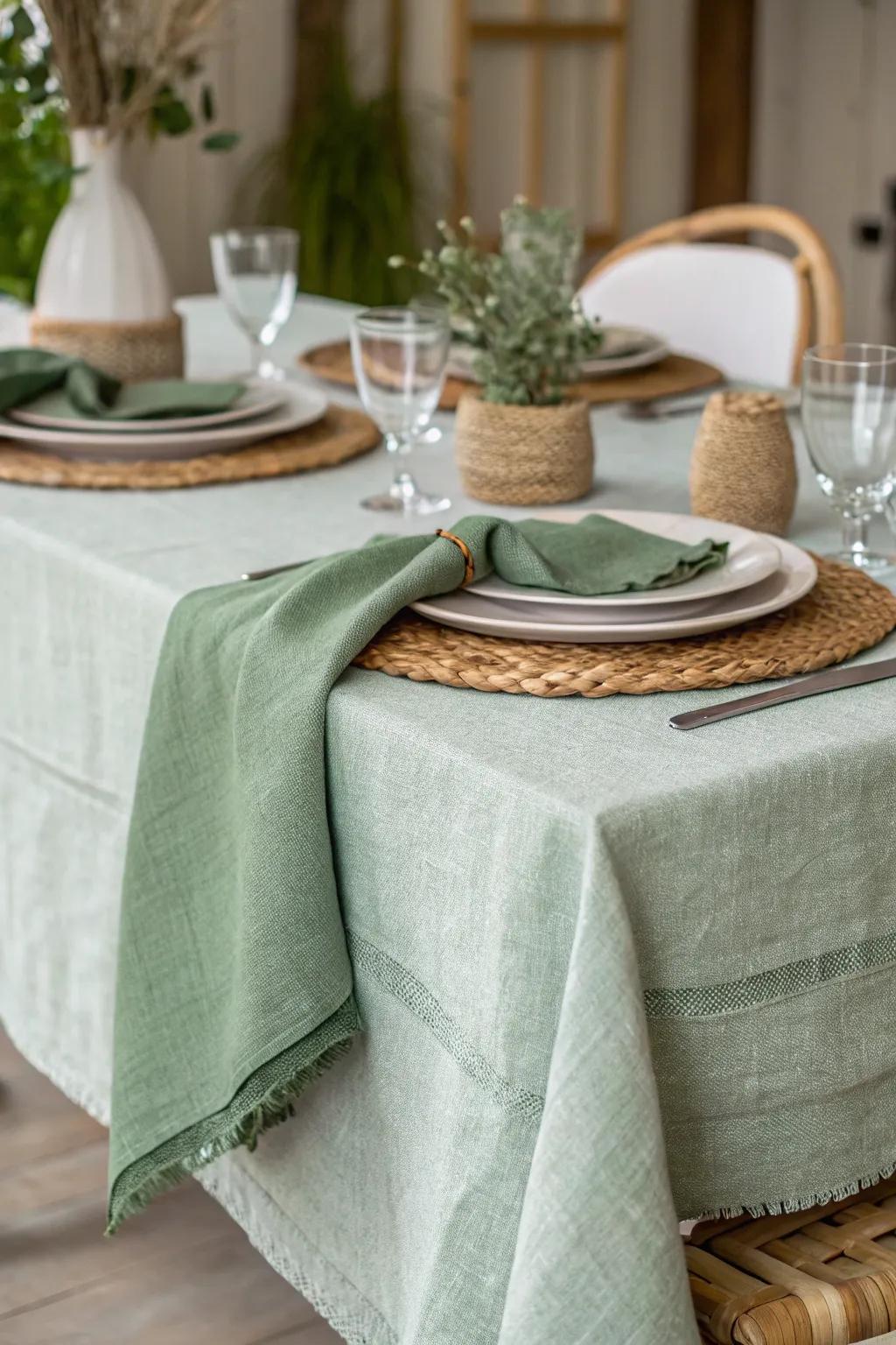 Sage green textured fabrics add richness and dimension to table décor.
