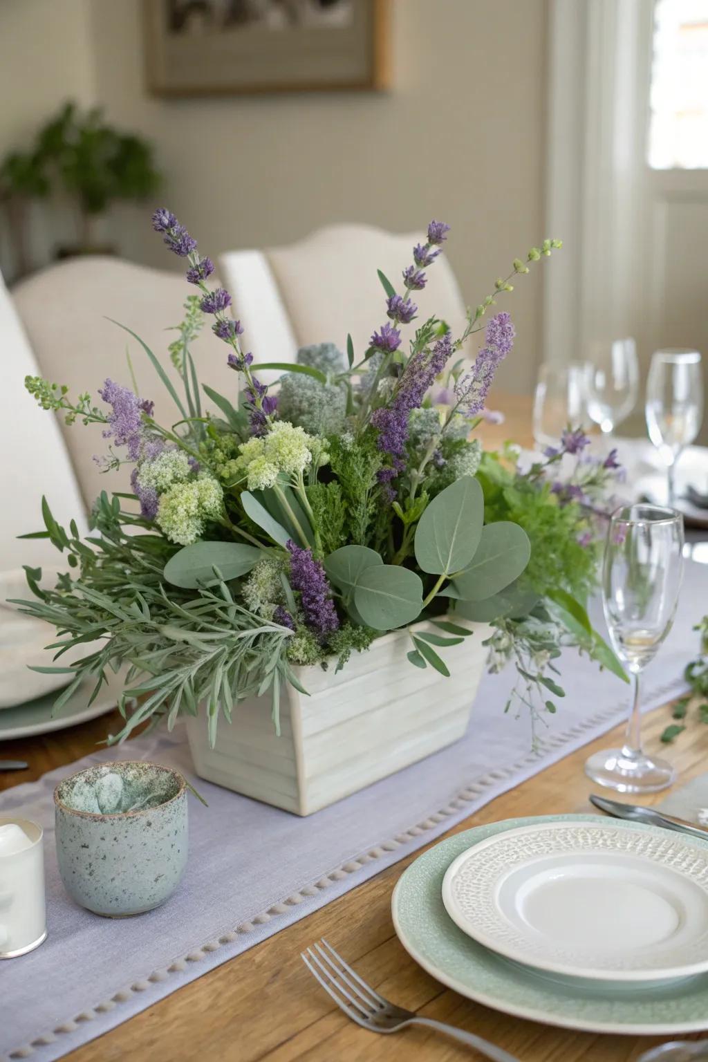A soothing centerpiece blending lavender blooms with sage green foliage.