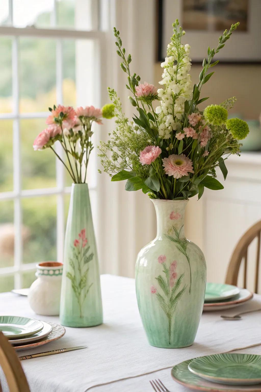 Watercolor-inspired vessels featuring sage green highlights for a creative centerpiece.