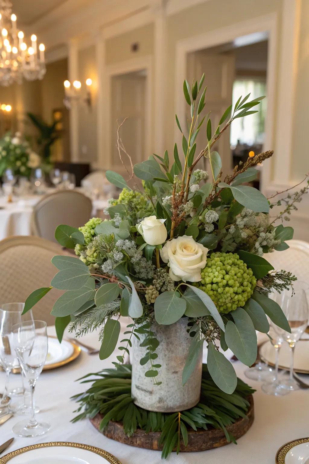 Lush natural foliage combined with sage green for a vibrant centerpiece.