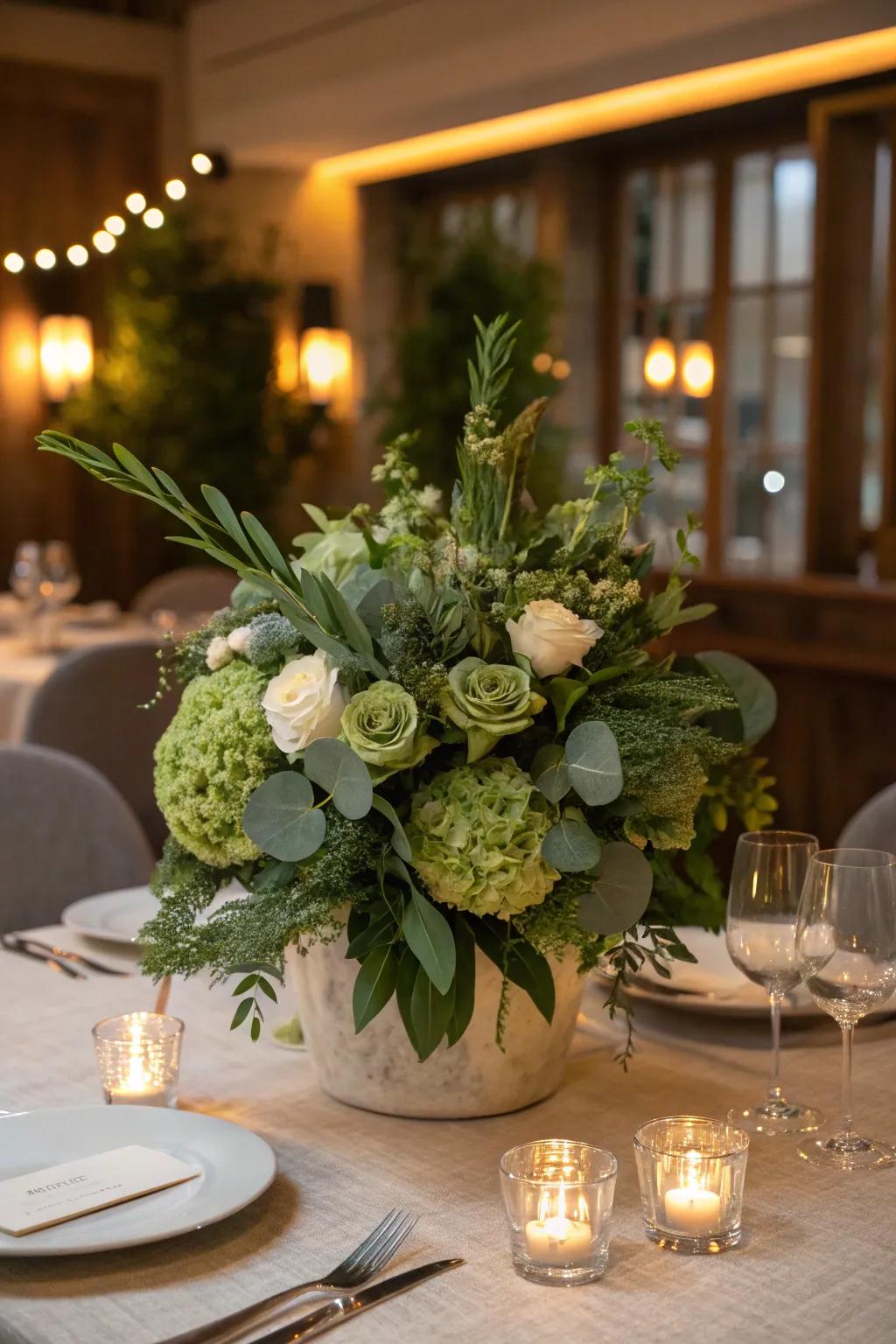 Subtle lighting accentuates the calming effect of sage green décor.