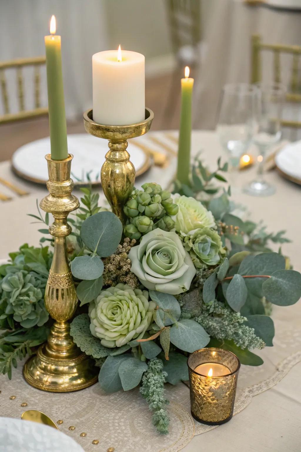 A refined centerpiece blending sage green with luxurious gold accents.