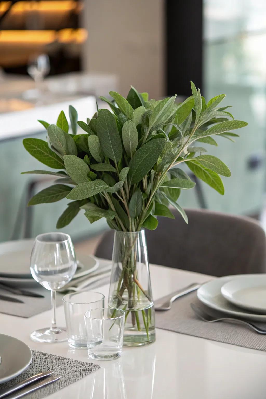 Simple glass vases paired with sage foliage for understated elegance.