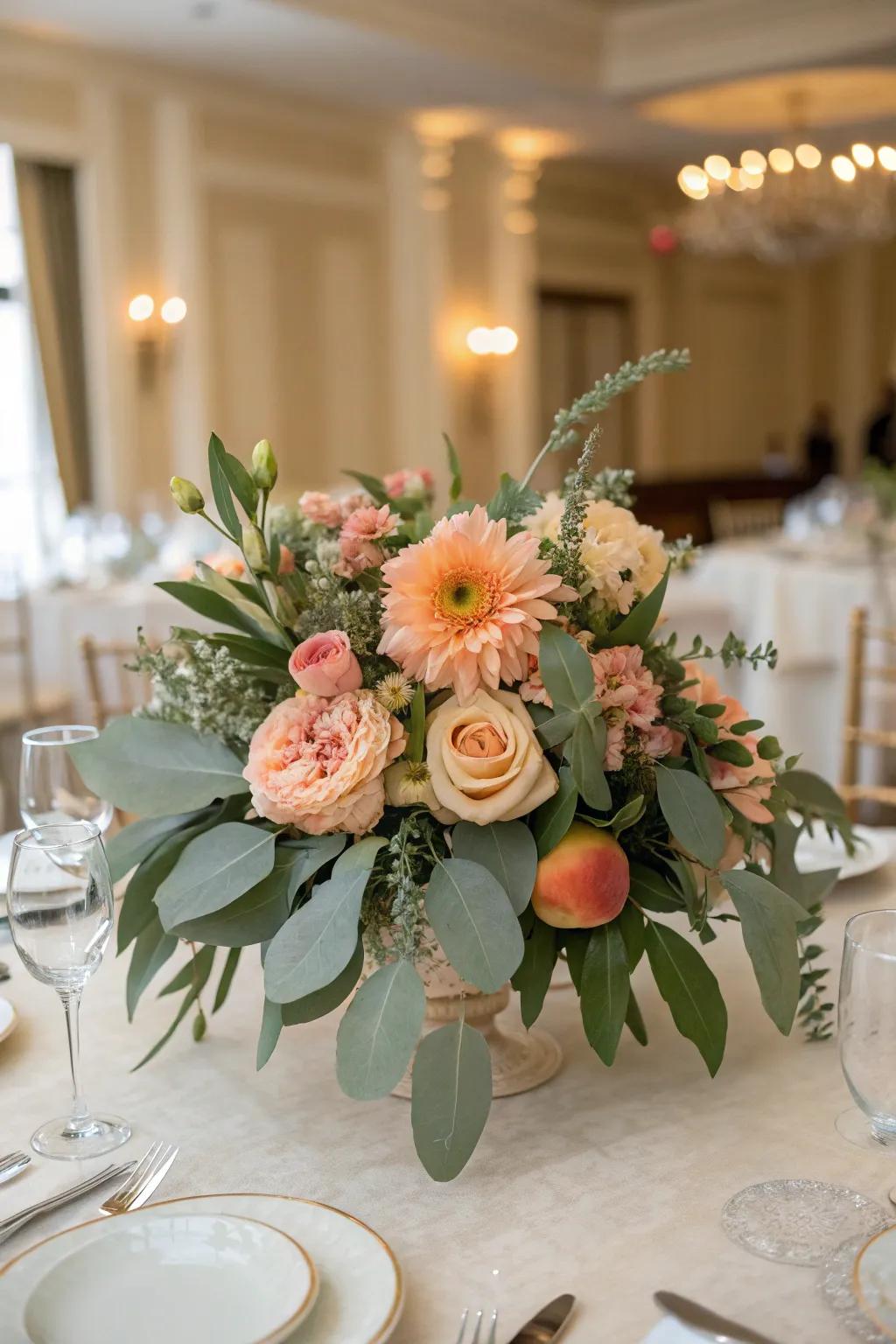 A lively centerpiece combining peach flowers with sage green foliage.