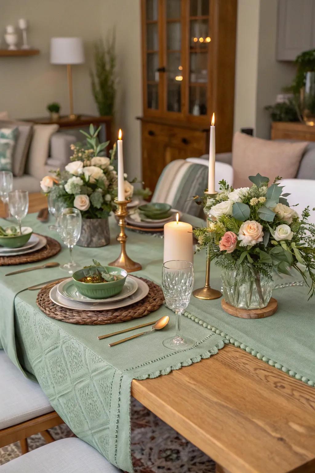 A sage green table runner harmonizing your table décor.