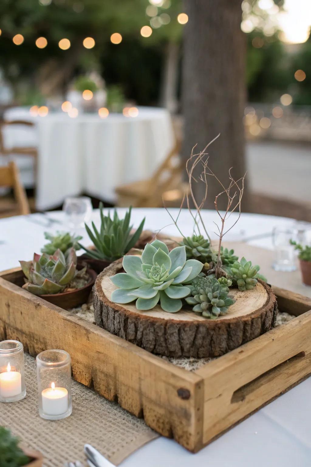A rustic centerpiece combining natural wood textures with sage green.