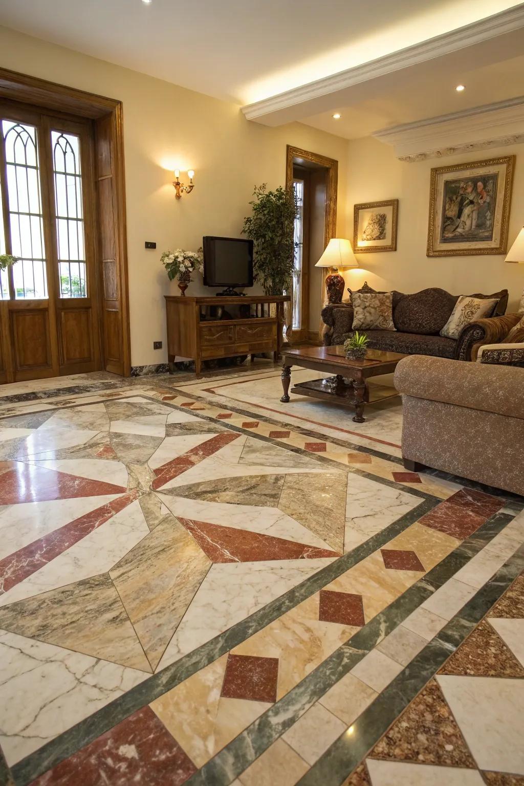 Combining various marble types for a dynamic floor design.