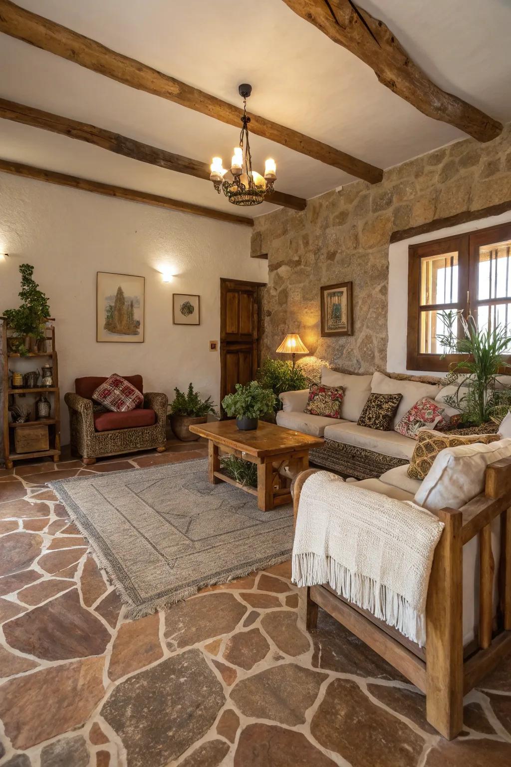 Earth-toned marble creates a warm and inviting space.