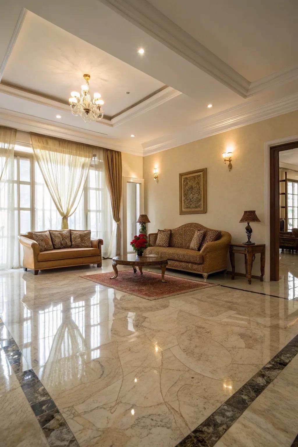 Polished marble floors reflect light for a radiant effect.