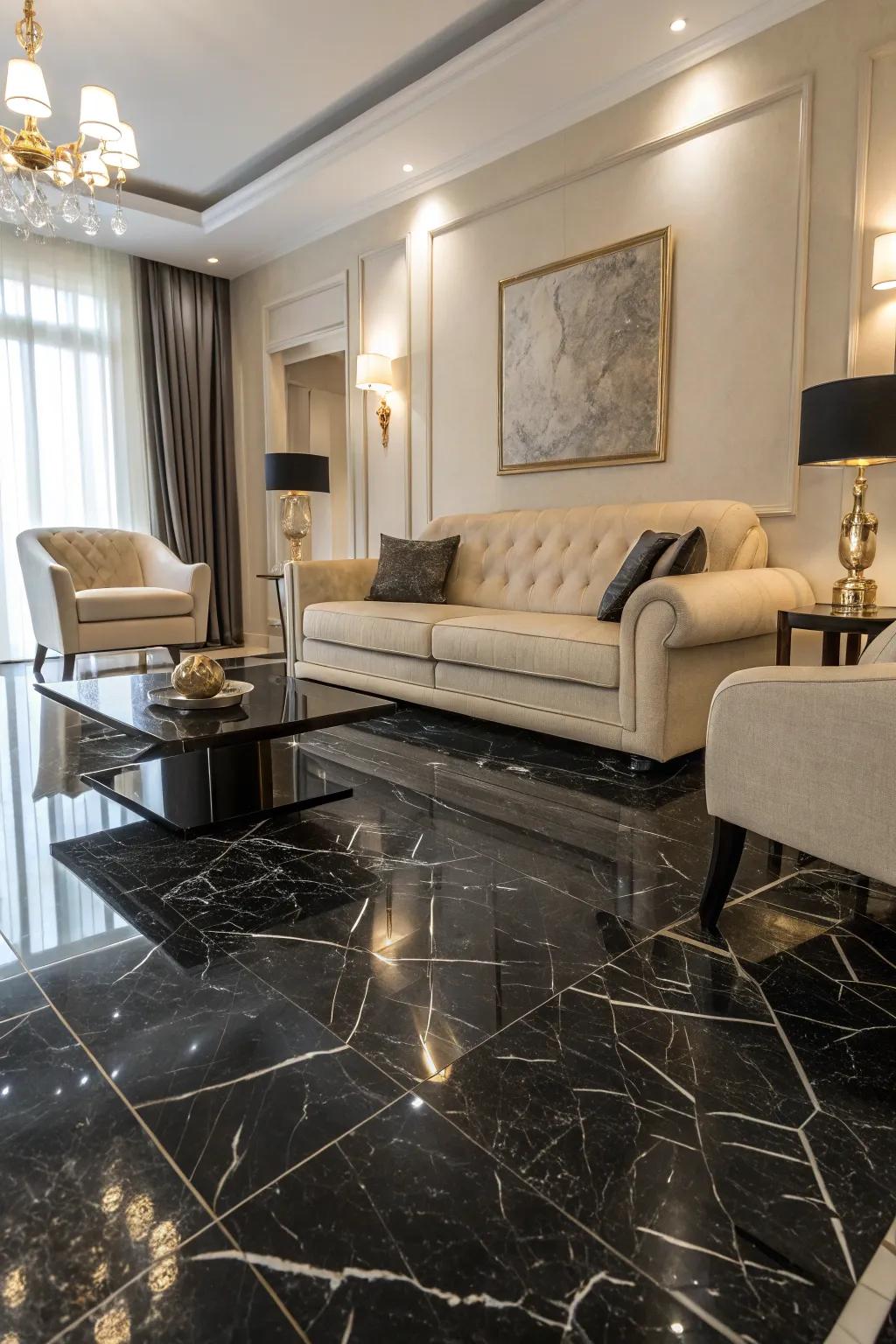 Black marble flooring creates a bold and elegant living space.