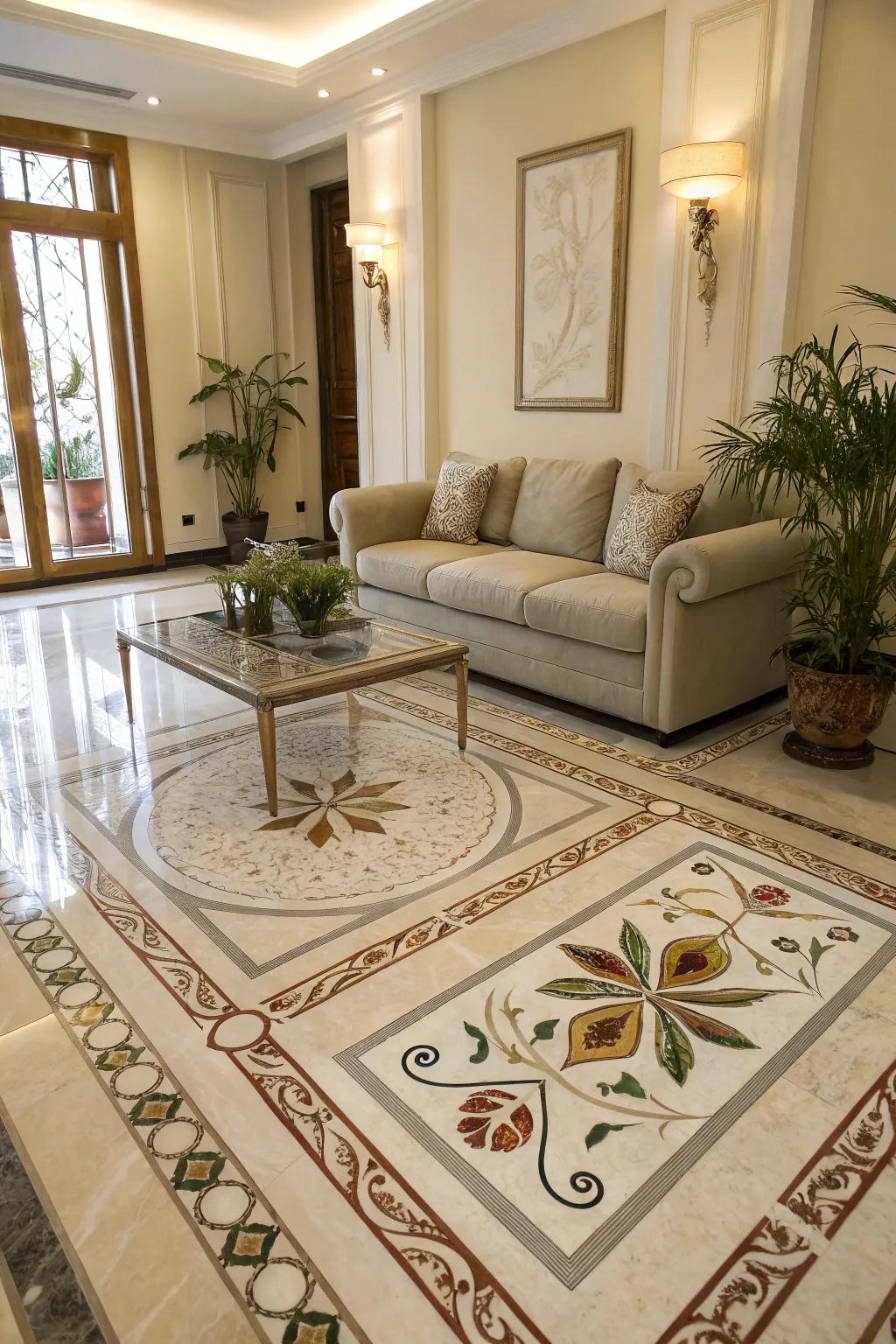 Intricate marble inlays create unique focal points.