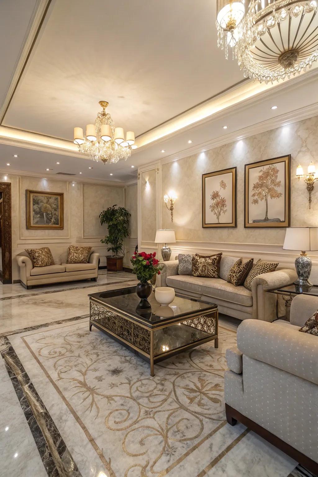 Textured marble adds dimension and tactile interest.