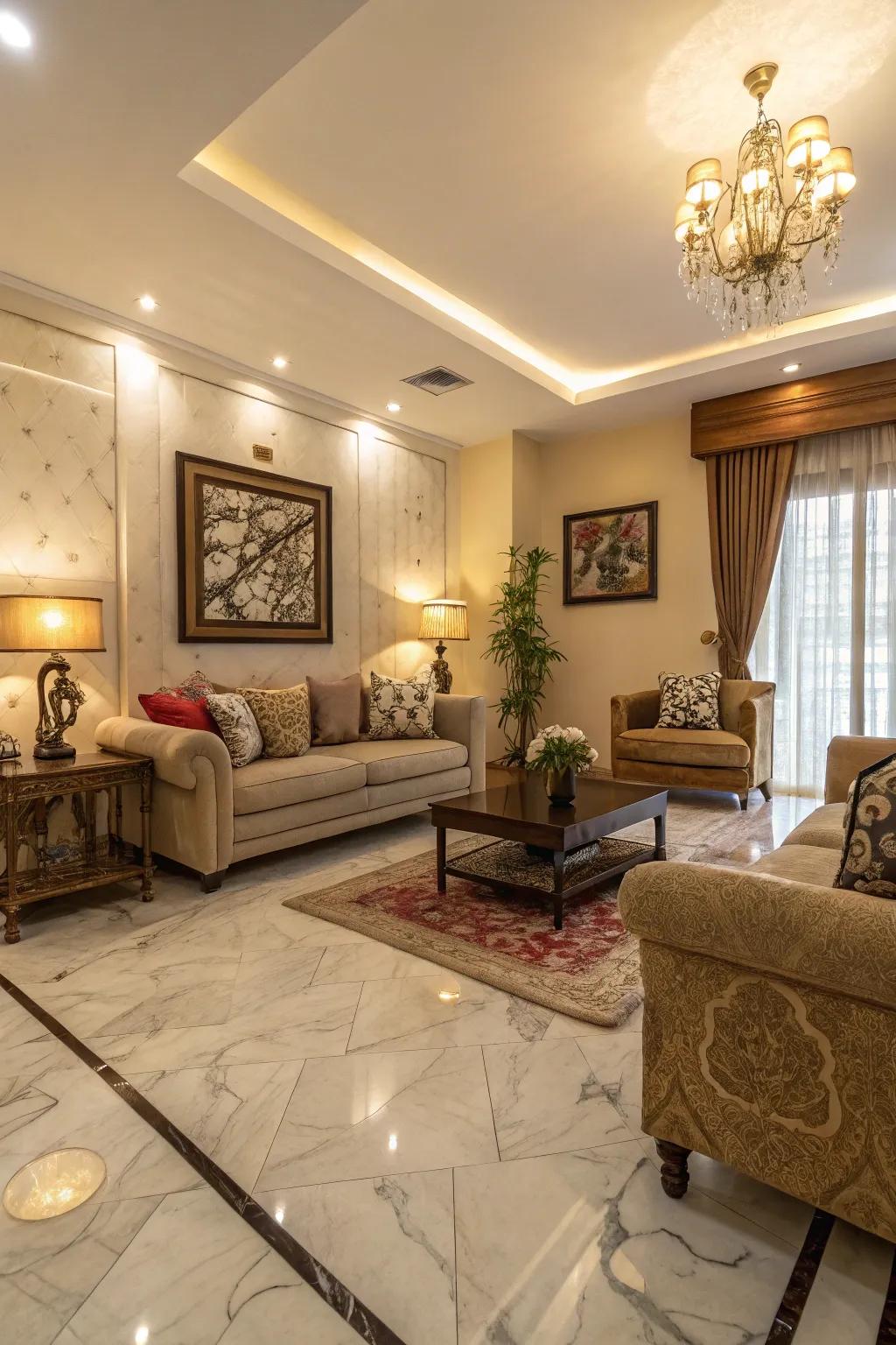 Coordinated colors unify marble flooring and decor.