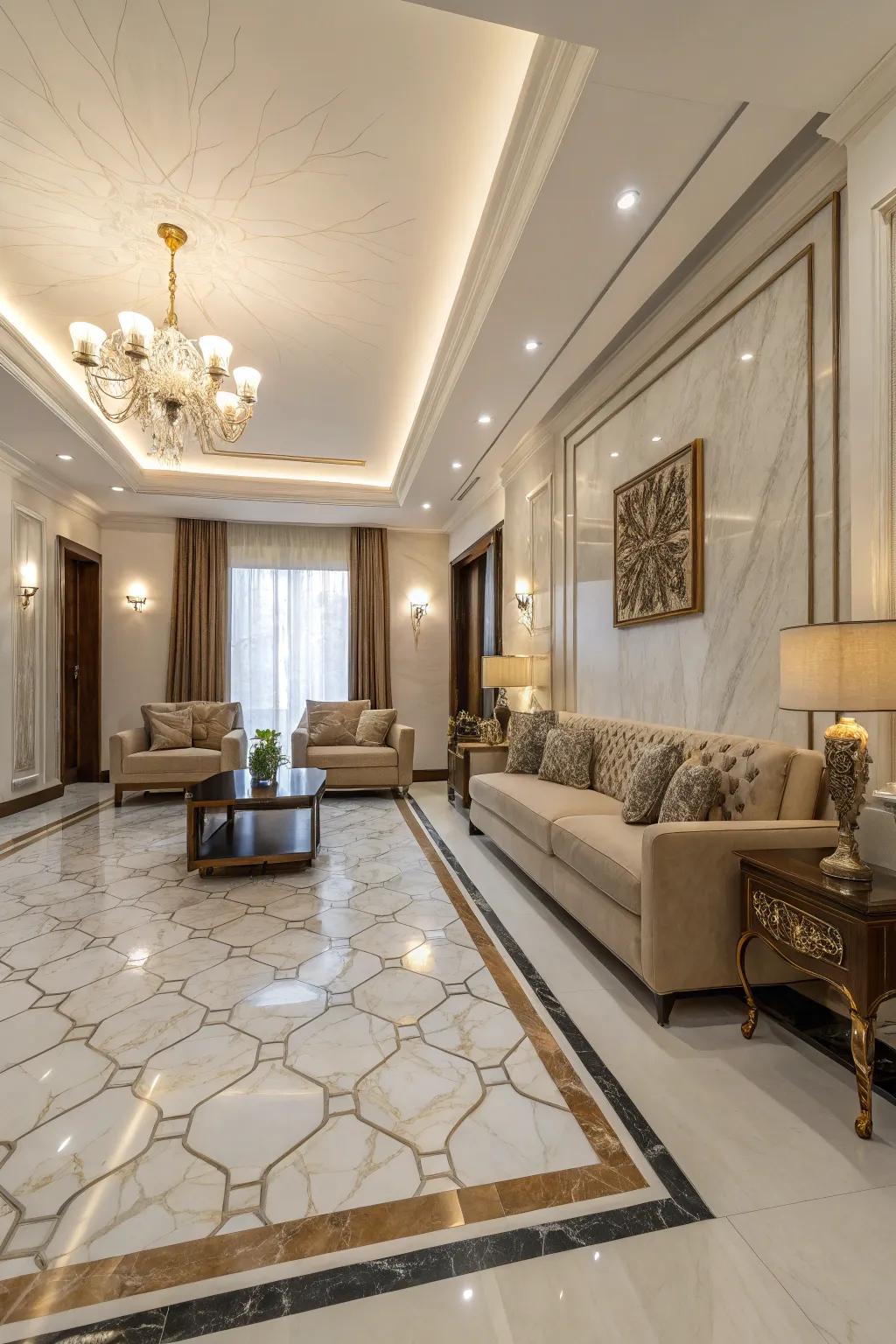 Symmetrical arrangements enhance marble floor harmony.
