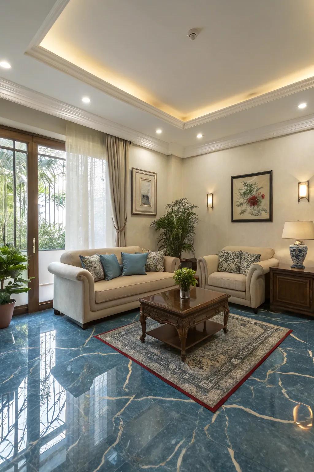 Blue marble flooring creates a calming retreat.