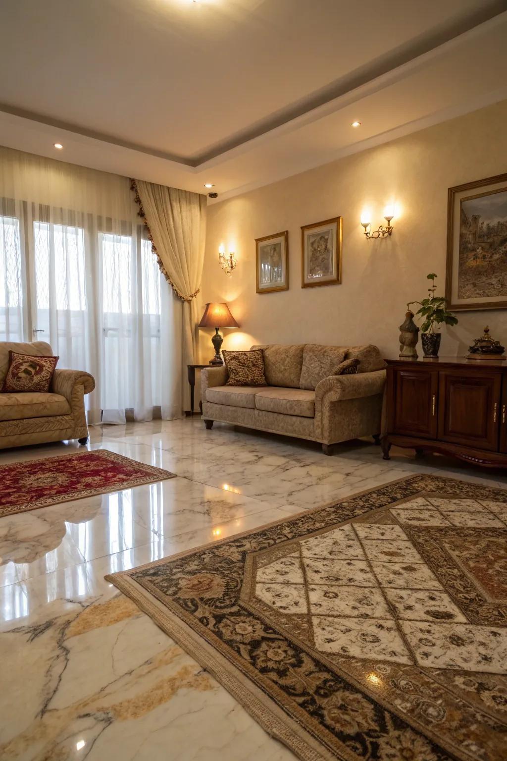 Area rugs add warmth and softness to marble floors.