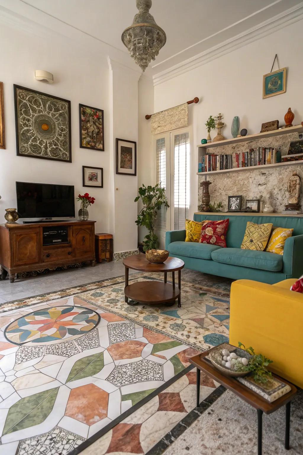 Mosaic marble patterns add vibrant character.