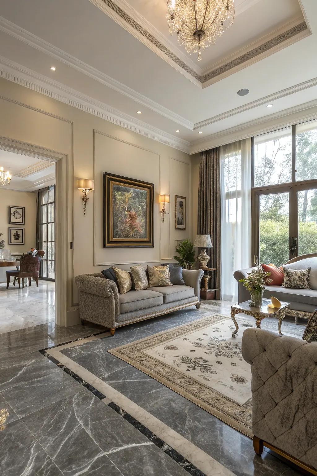 Grey marble floors offer versatile elegance.