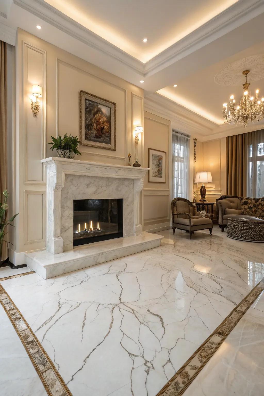 Marble accents emphasize the fireplace as a focal point.
