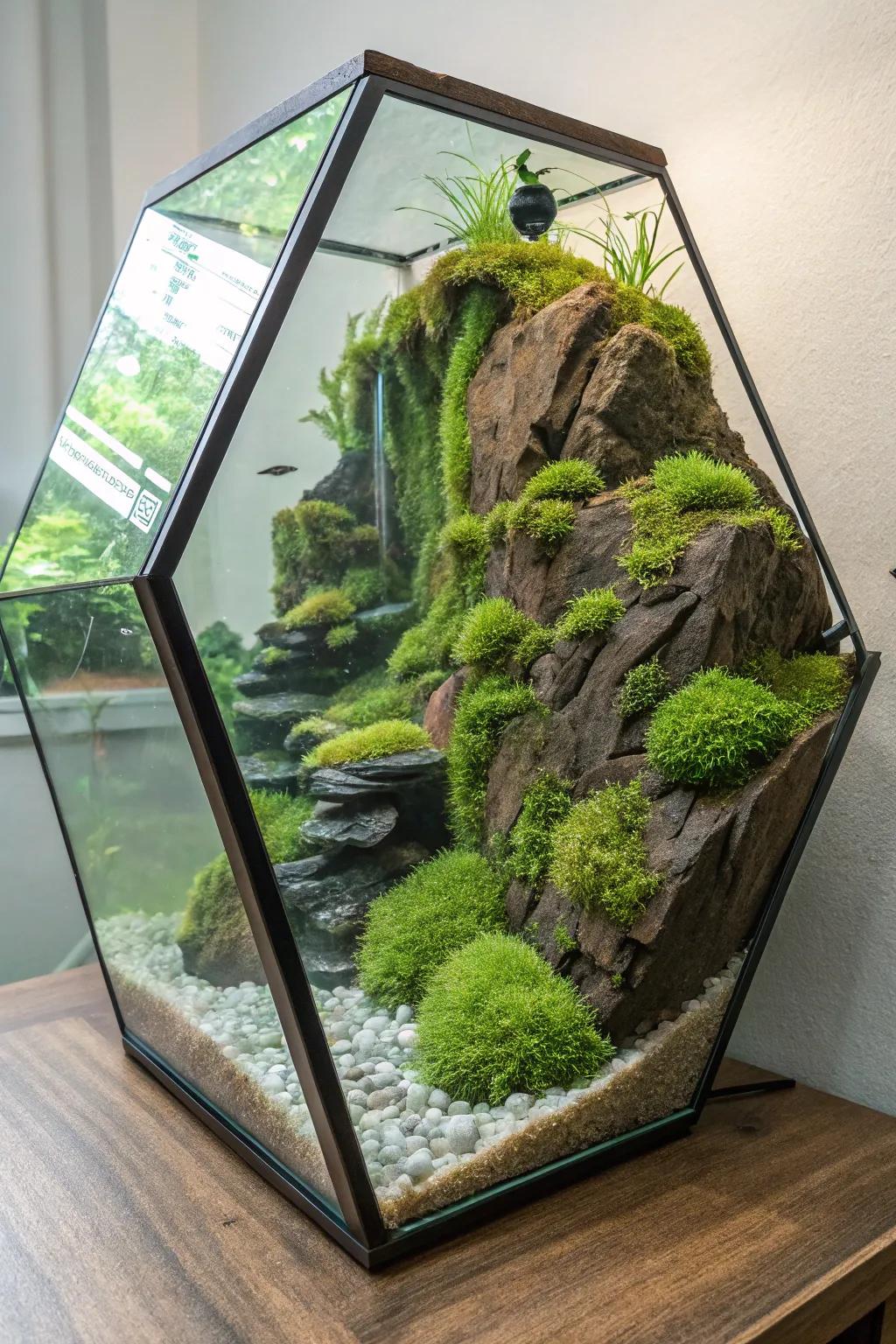 Create depth with a moss-covered cliff design.