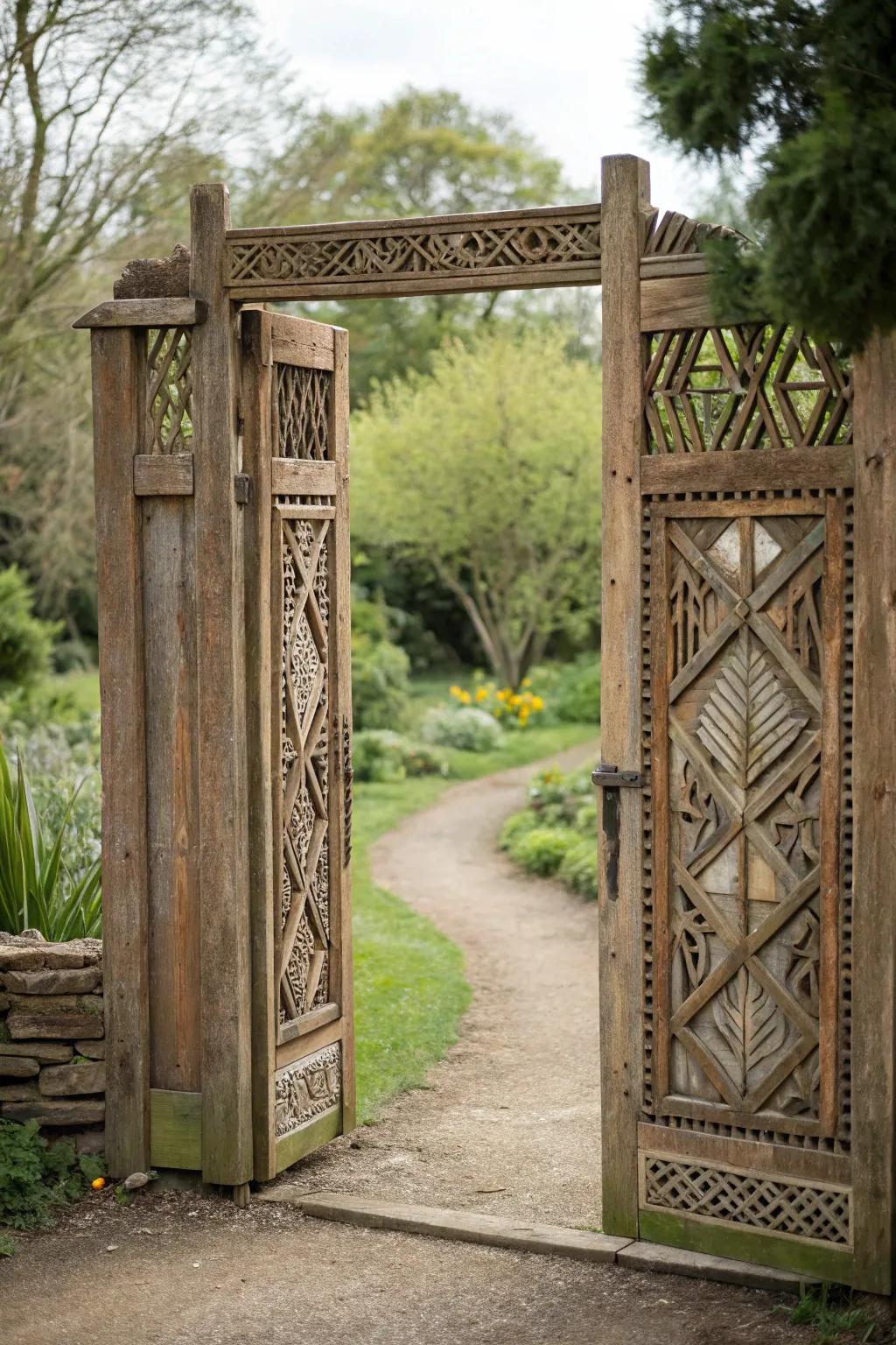Geometric patterns add a modern edge to the wooden gate.