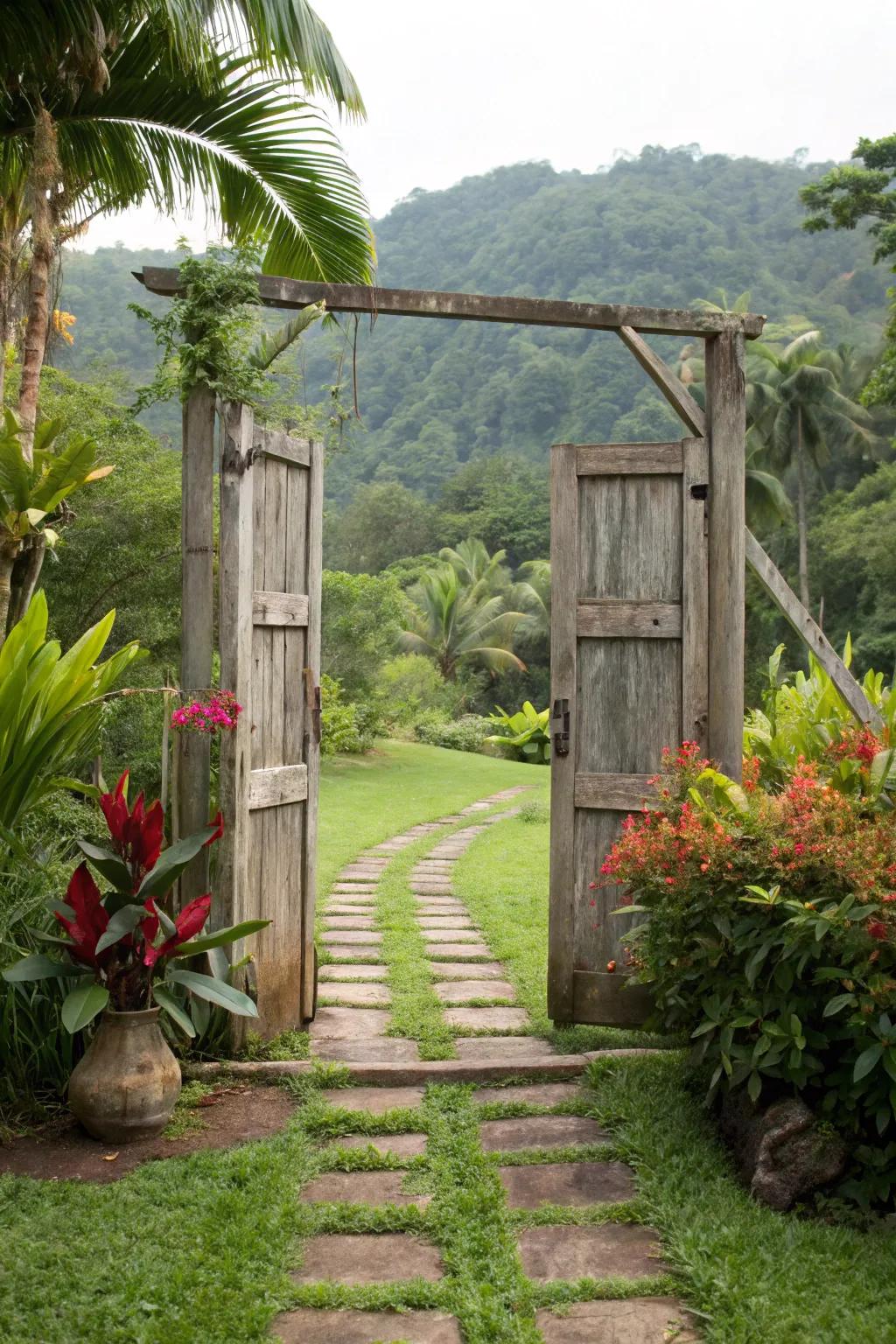 A tropical-themed gate evokes a beachside retreat.