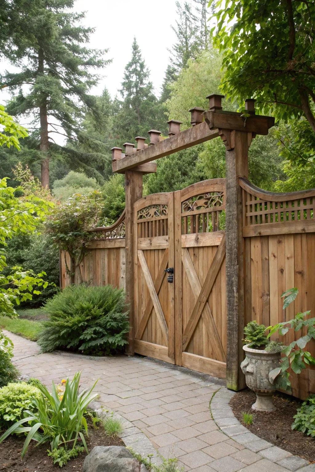 Classic cypress gate blending seamlessly with garden surroundings.