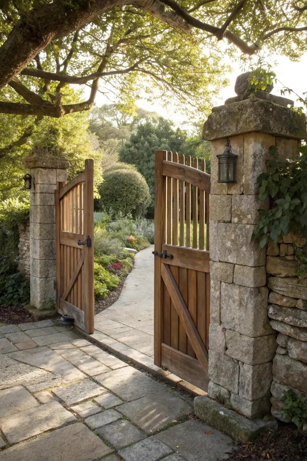 Natural stone pillars complementing a wooden gate's rustic style.
