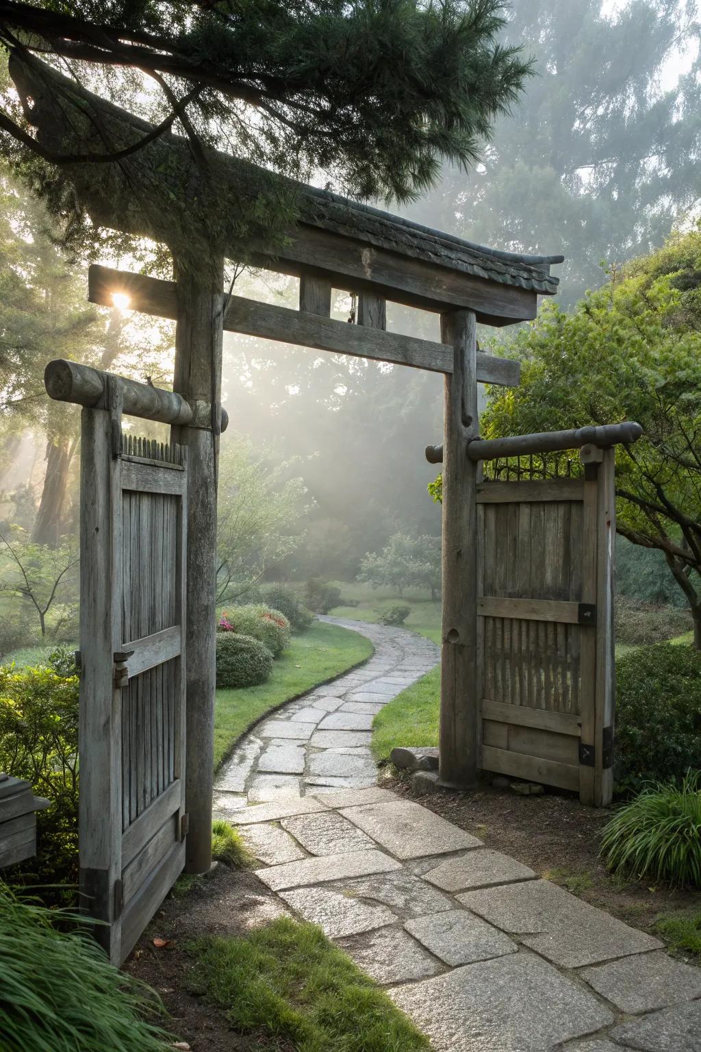 A Zen-inspired wooden gate creating a peaceful garden entry.