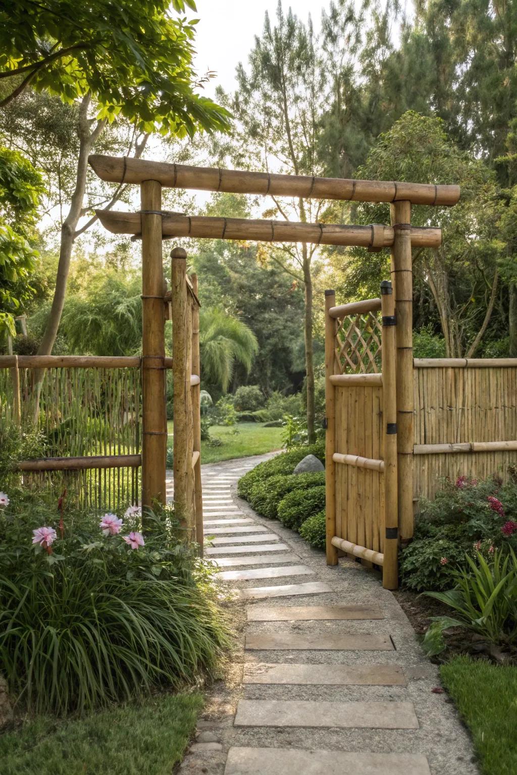Sustainable bamboo gate with a natural, exotic look.