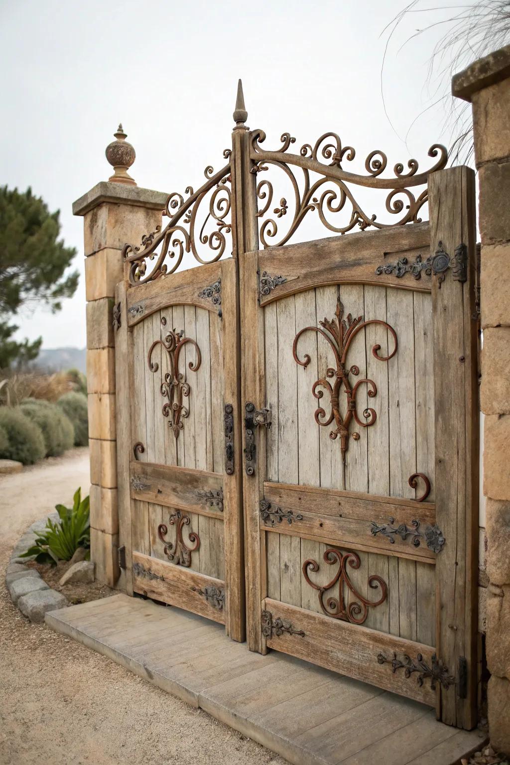 Vintage iron details add rustic charm to a wooden gate.