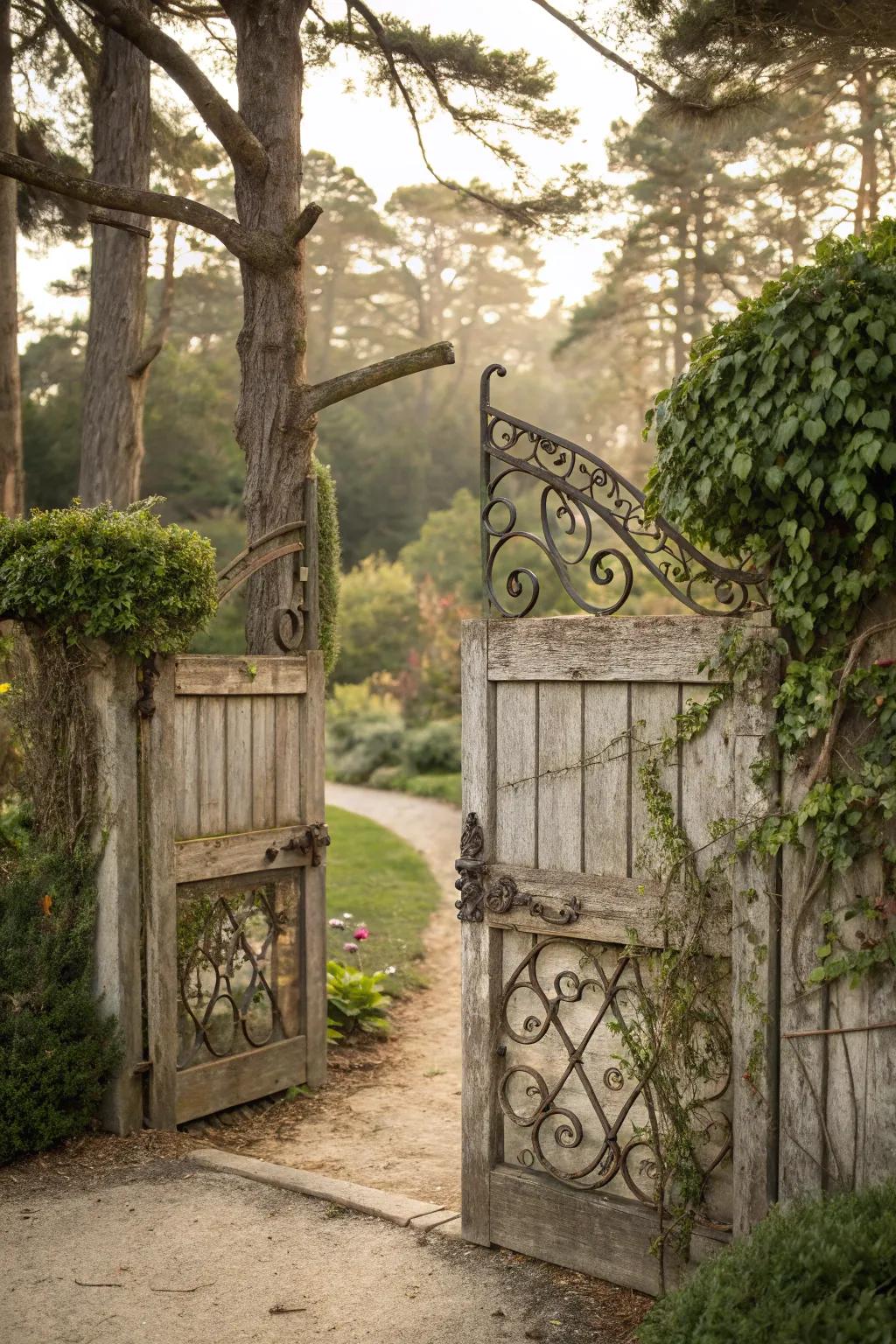 Forged iron elements add elegance and romance to a wooden gate.