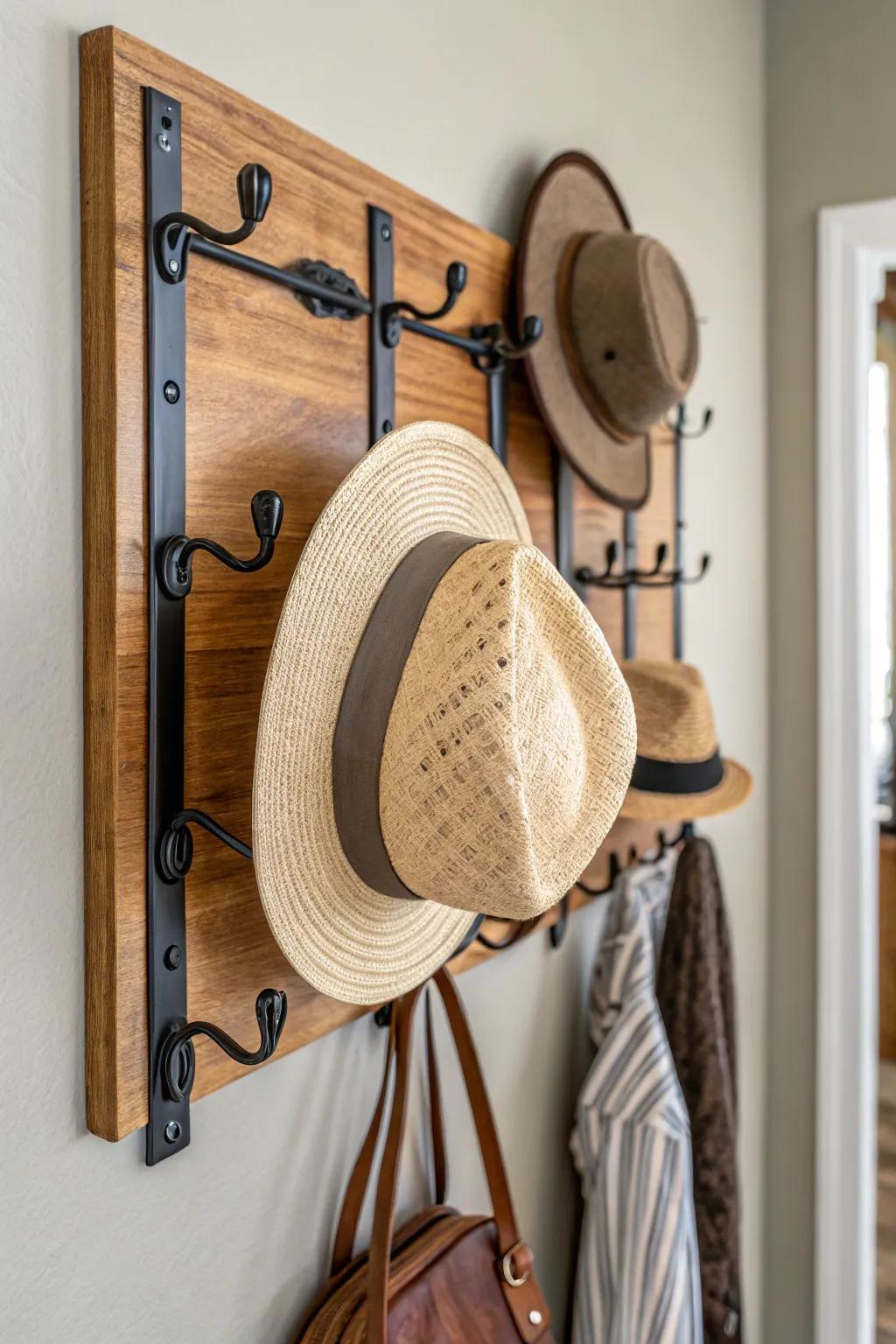 Combining wood and metal creates a dynamic hat display.