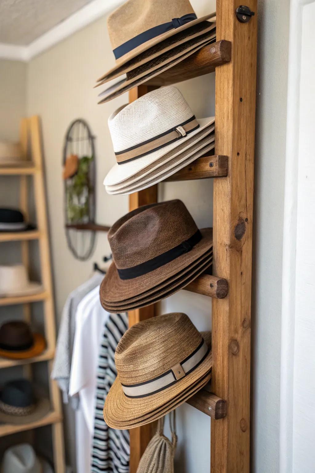 Vertical wooden stands provide a rustic and organized hat display.