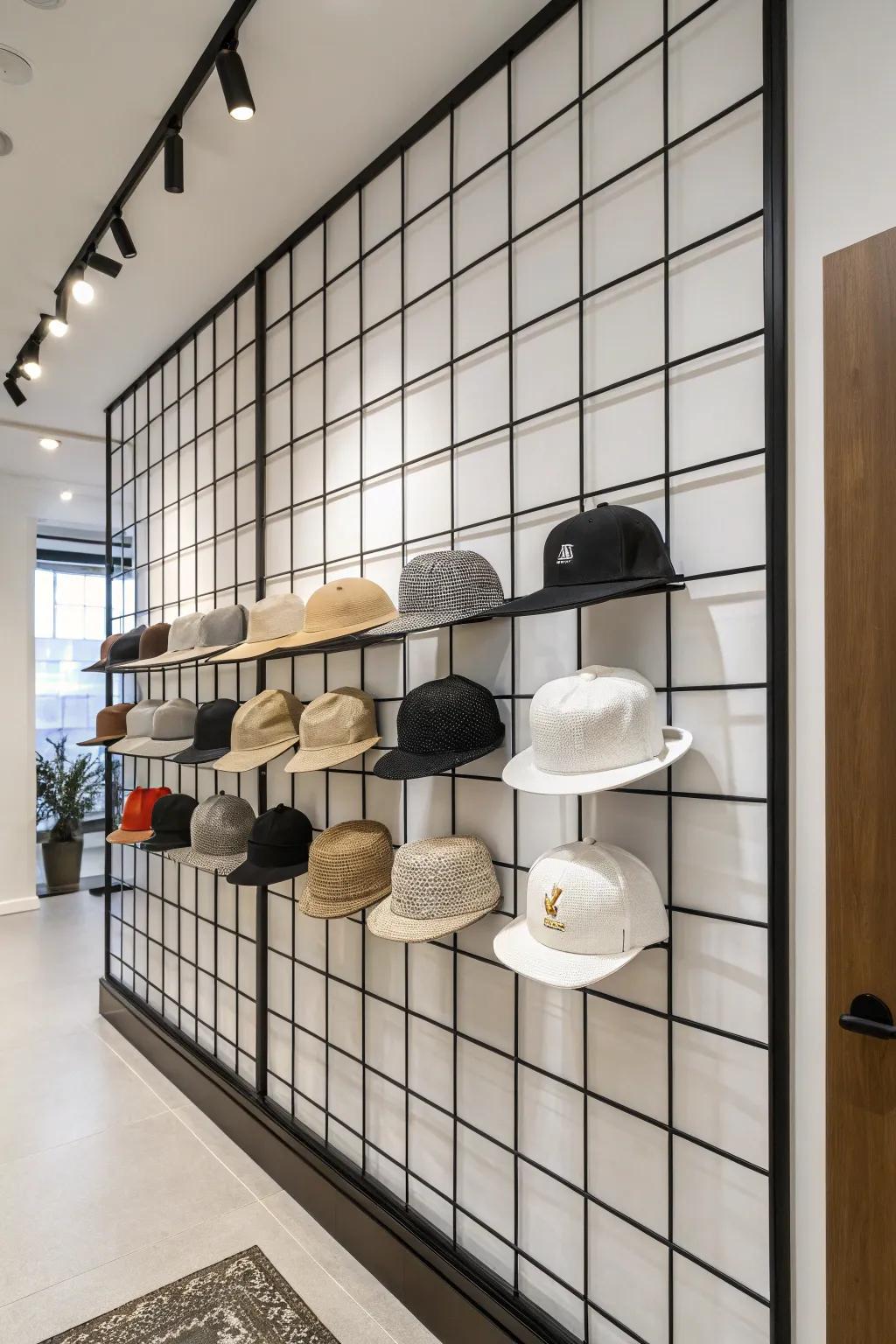 Grid and rail systems offer a sleek, adaptable hat display.