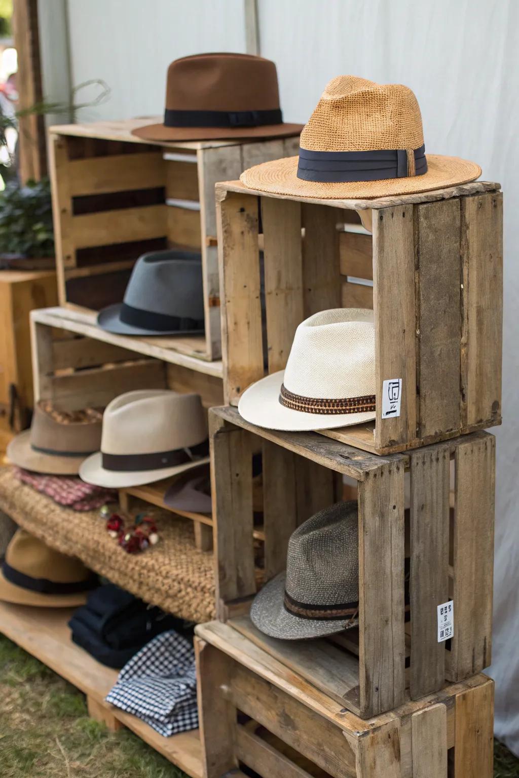 Rustic crates bring farmhouse charm to hat displays.