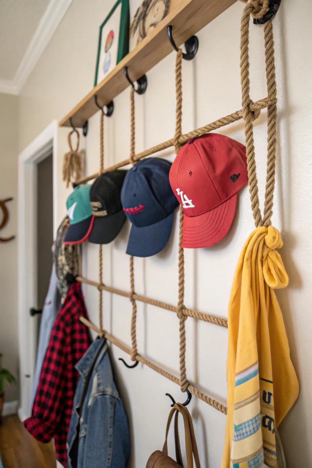 Rope racks add a nautical charm to your hat display.