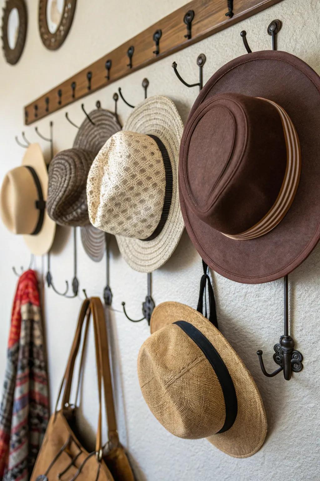 Decorative hooks turn hats into wall art.