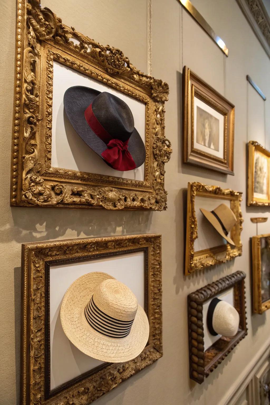 Picture frames turn hats into artistic exhibits.