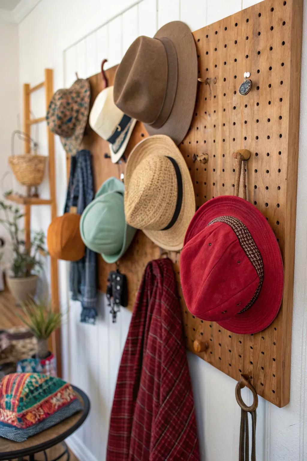 Pegboards offer flexible and expandable hat storage.