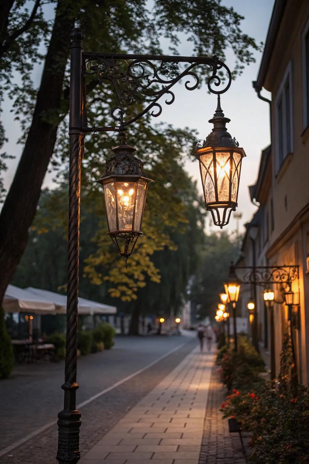 Antique-style lanterns enhancing a festive lamp post.