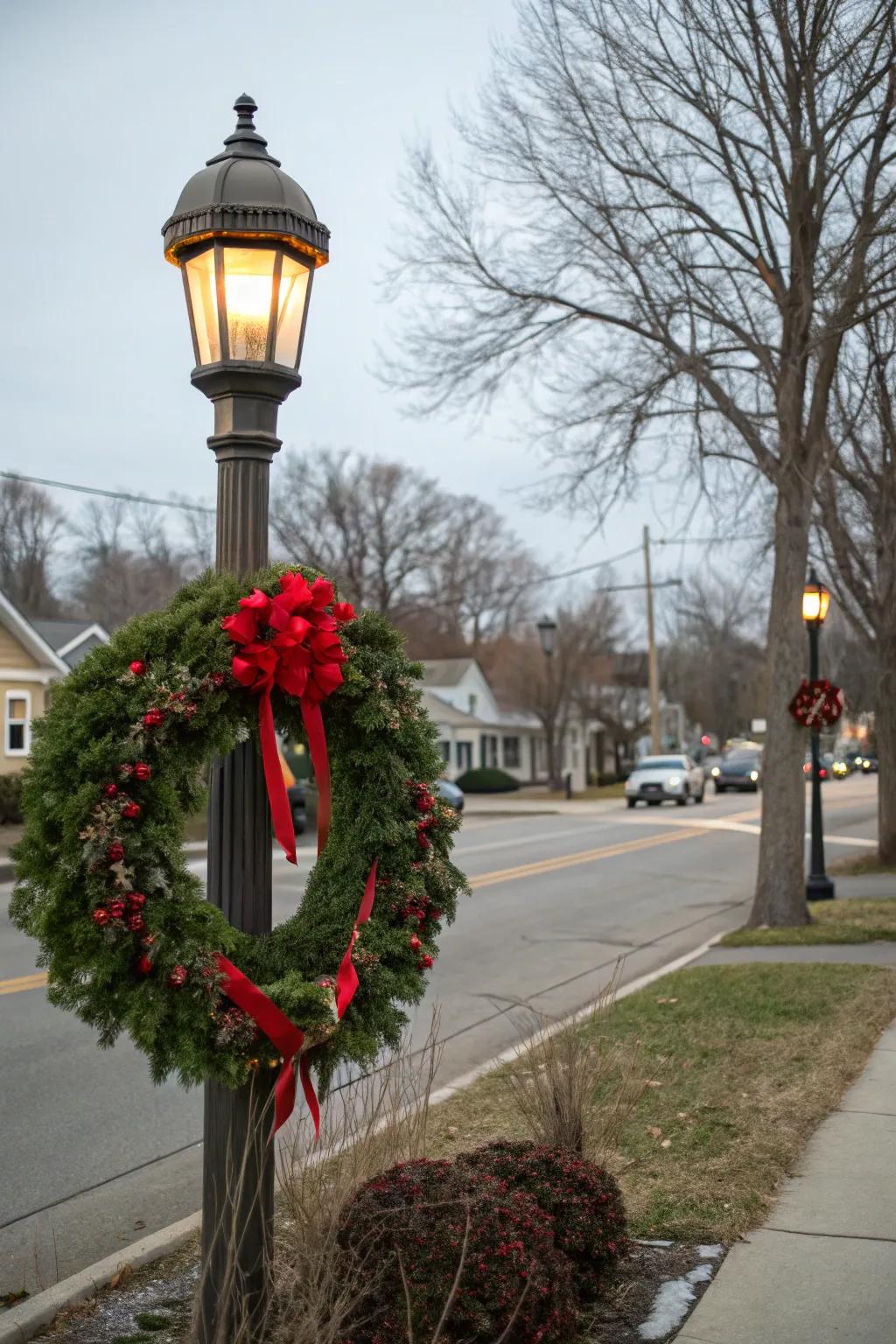 A cozy wreath brightening a winter lamp post.