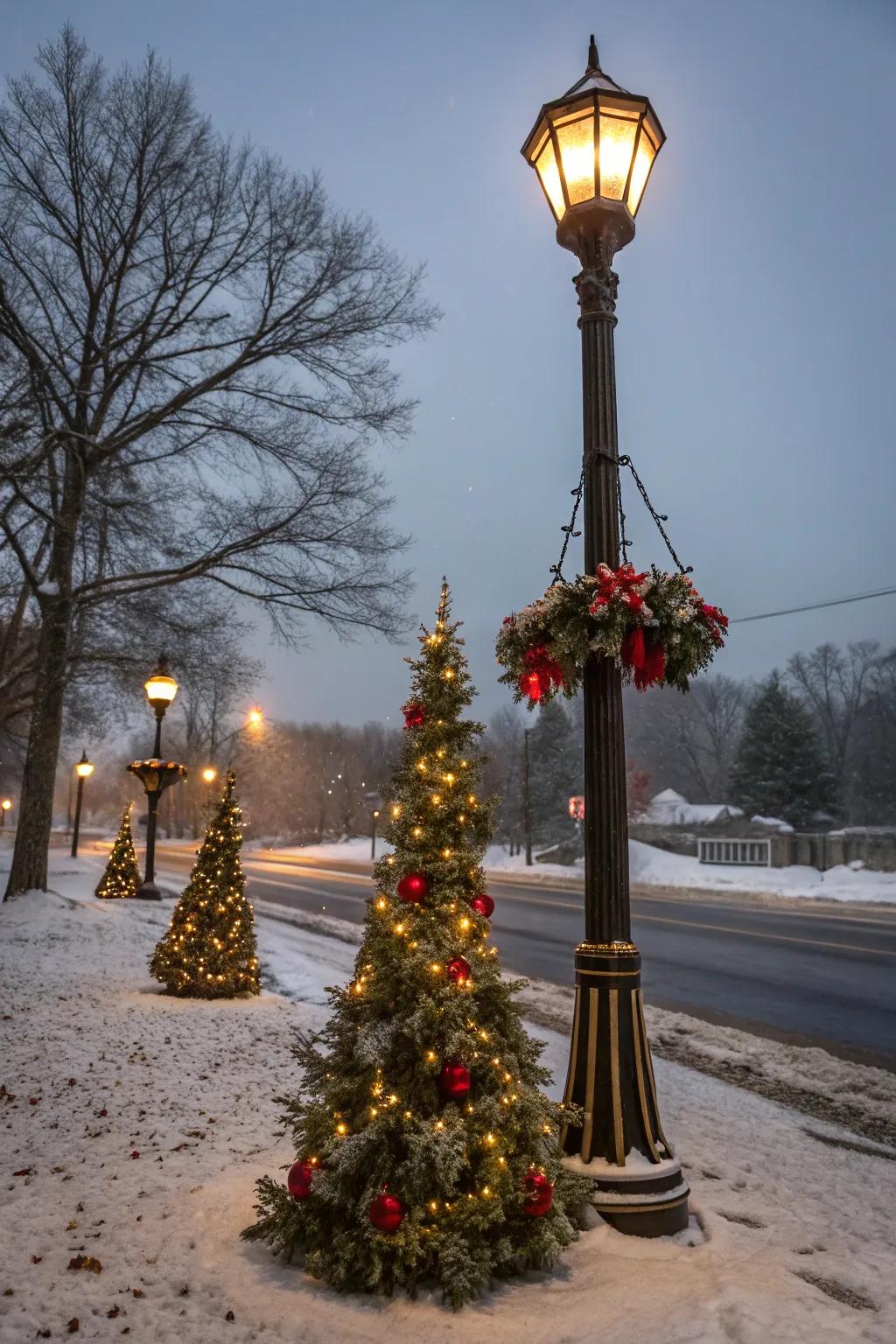 Small Christmas trees enhancing the base of a lamp post.