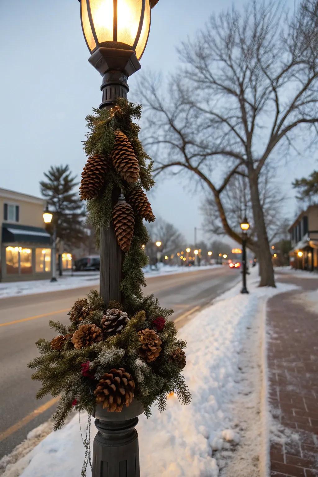 Cluster of pinecones adding rustic warmth to a lamp post.