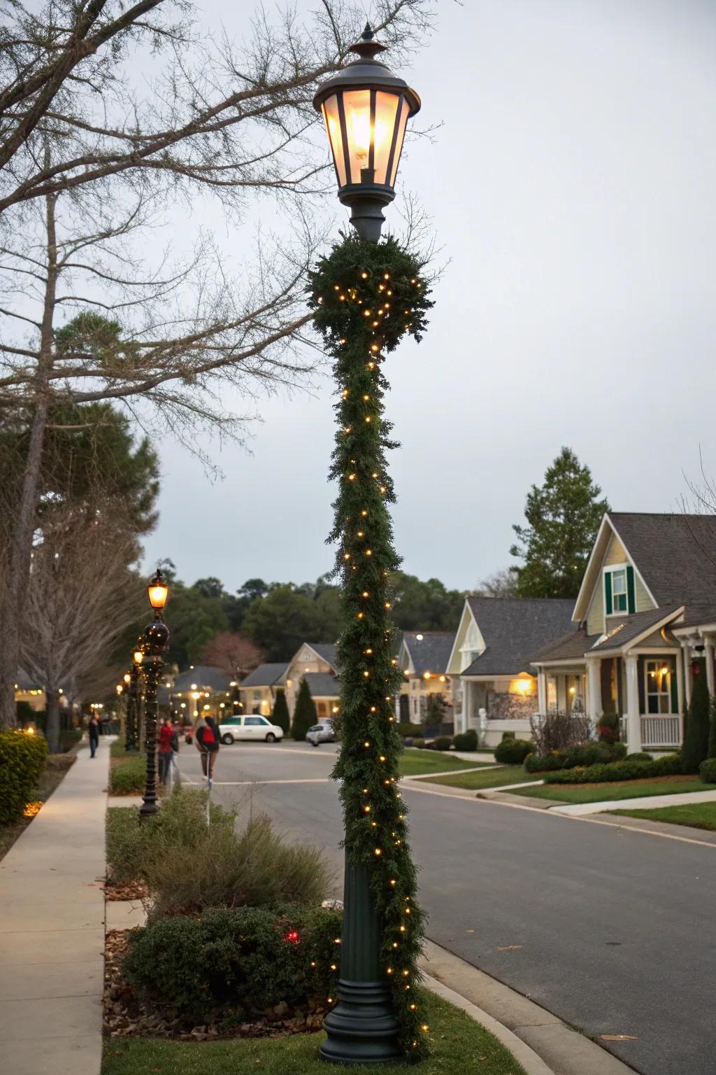 Lamp post wrapped with vibrant garlands and glowing lights.