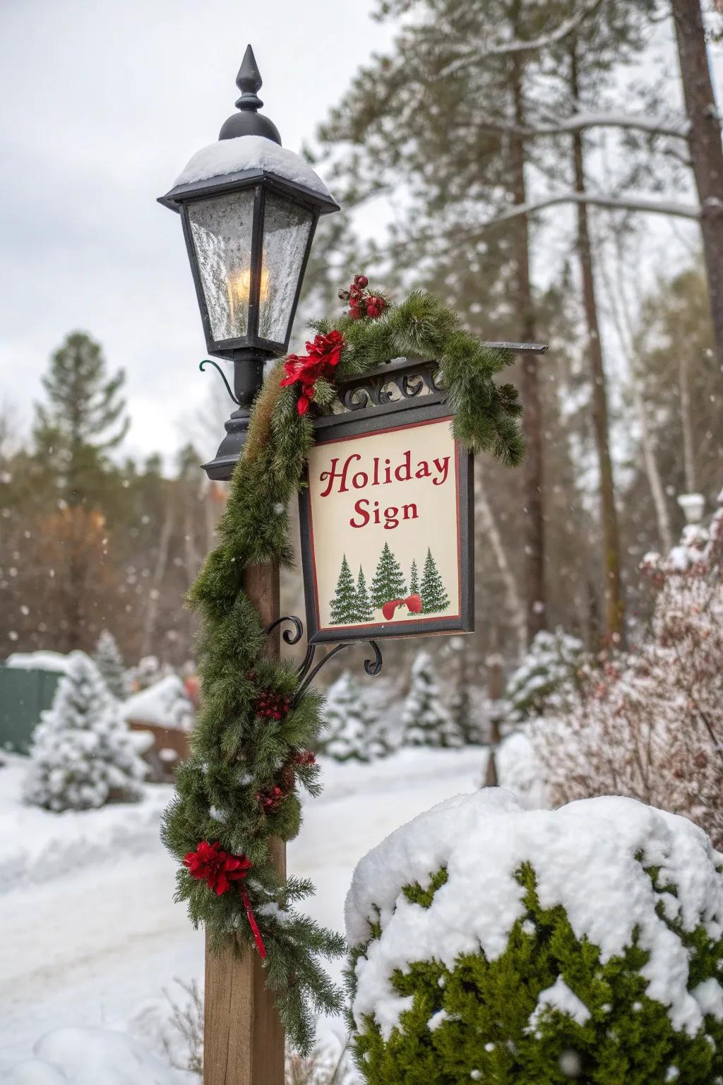 A cheerful holiday greeting sign on a lamp post.