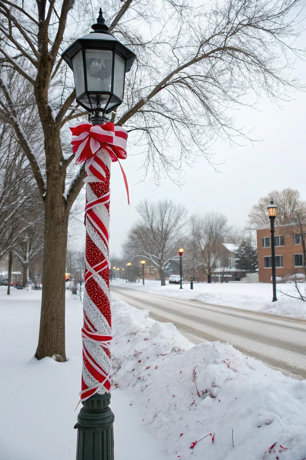 Red and white striped ribbon wrapped around a lamp post.